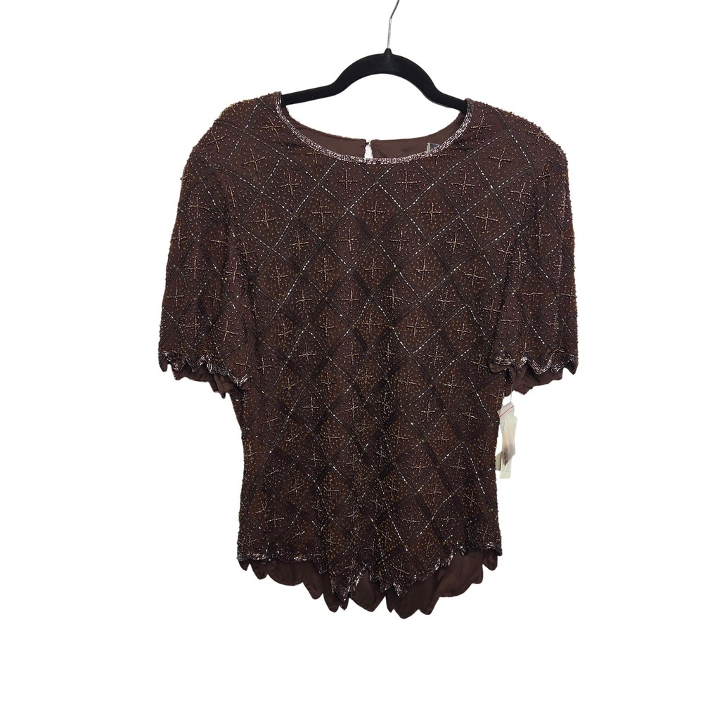 Vintage Camille Marie Beaded Silk Blouse Womens XL Brown Evening Top Mob Wife